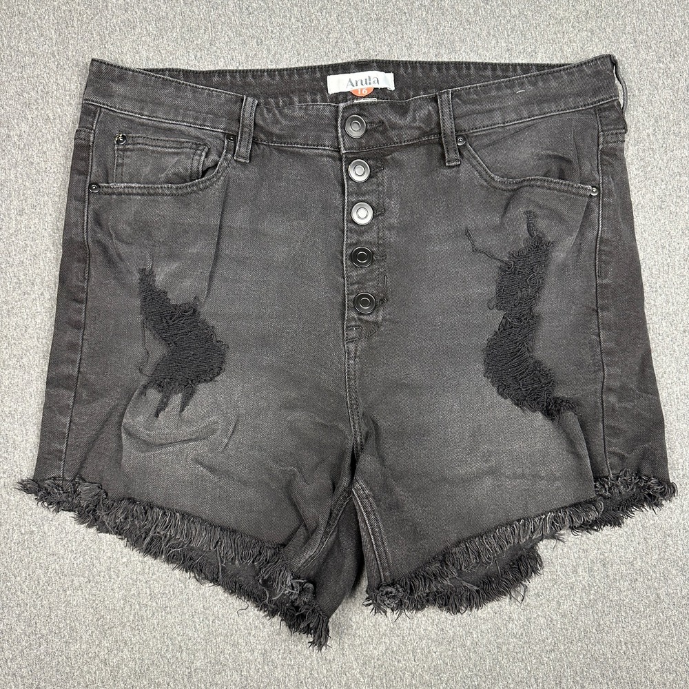 Arula Womens Size 16 Black Denim Cutoff Shorts Distressed Button Fly Frayed Hem